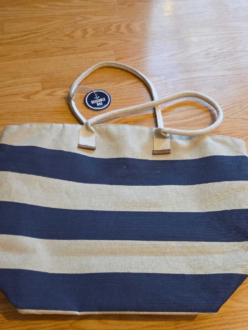 Striped Tote Bag in Navy and Beige - Everyday Canvas Carryall - Picture 3 of 6
